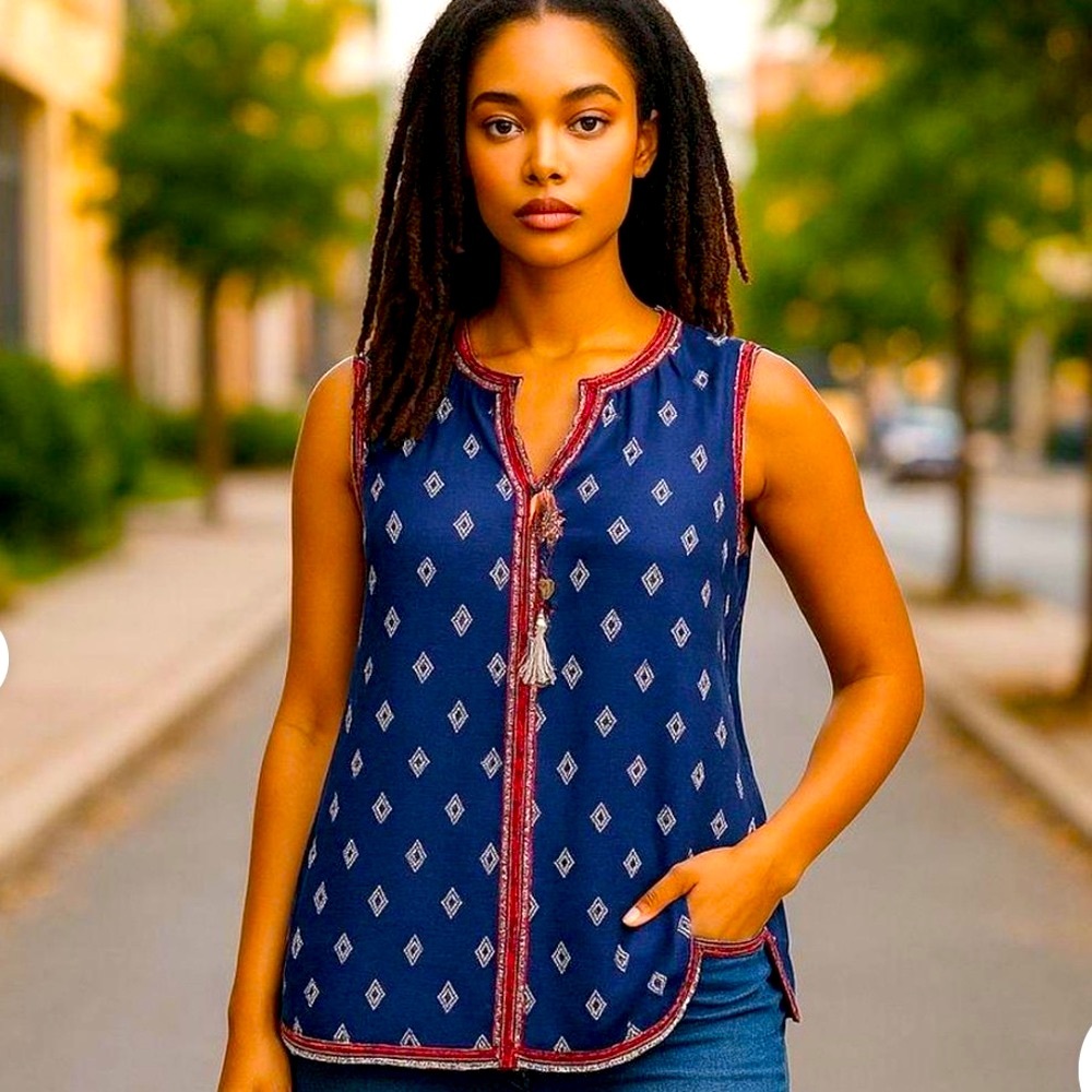🍀 Lucky Brand Boho Peasant Sleeveless Top Tunic XS NWT Embroidered Beaded